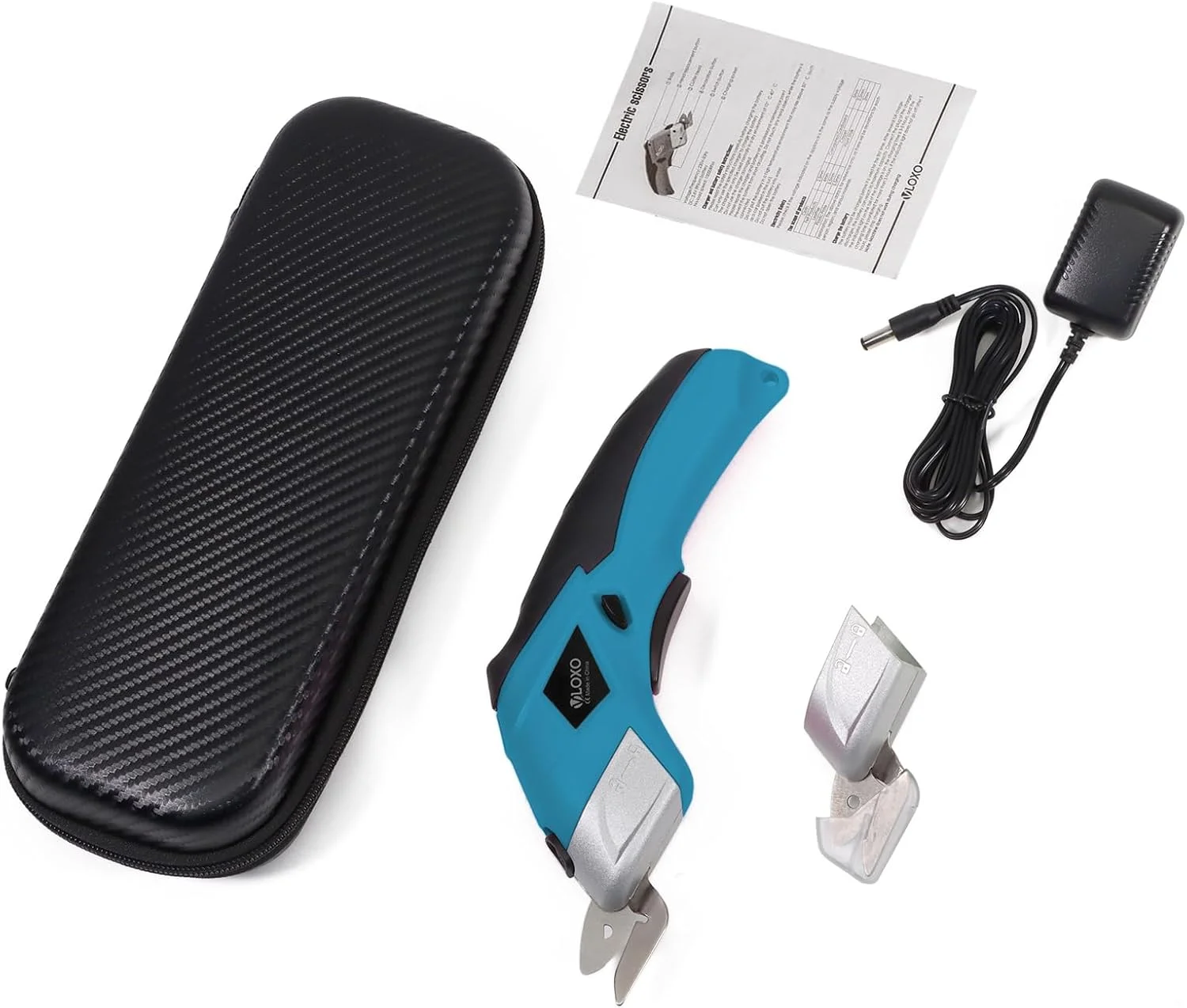 قیچی برقی شارژی VLOXO، کاتر برقی جعبه با 2 نوع تیغه، قیچی شارژی قابل شارژ، ابزار برش قدرتمند، کاتر مقوا برای پارچه، مقوا، فرش، چرم، نمد - آبی