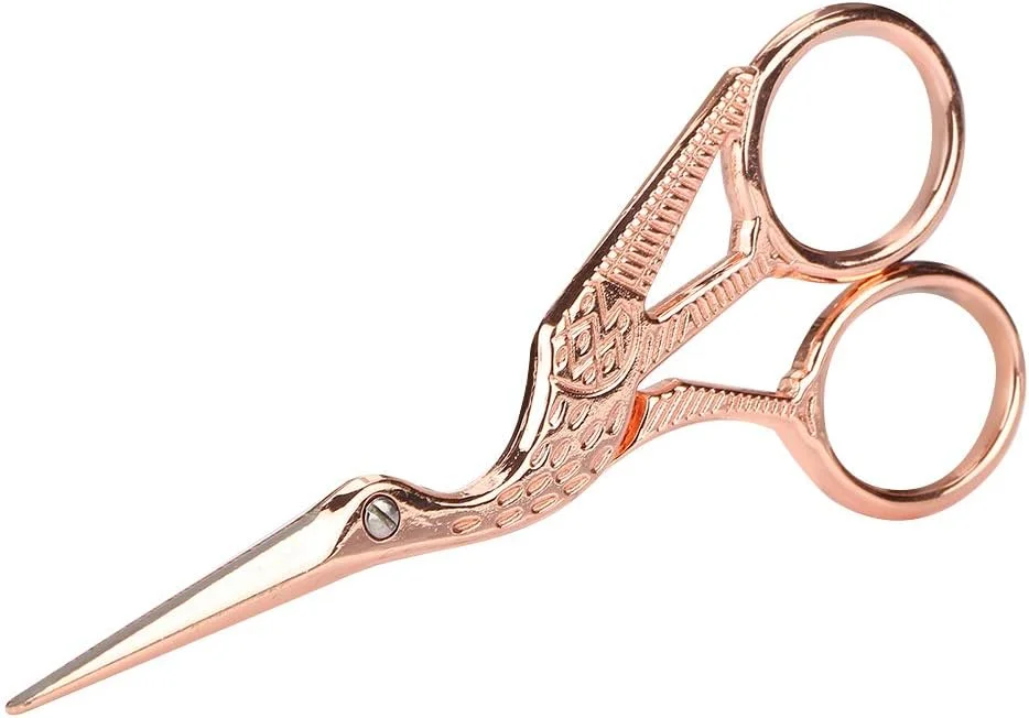 قیچی استیل ضد زنگ وینتیج، قیچی کلاسیک برش DIY رزگلد، قیچی خیاطی طرح لک لک، ابزار کاردستی