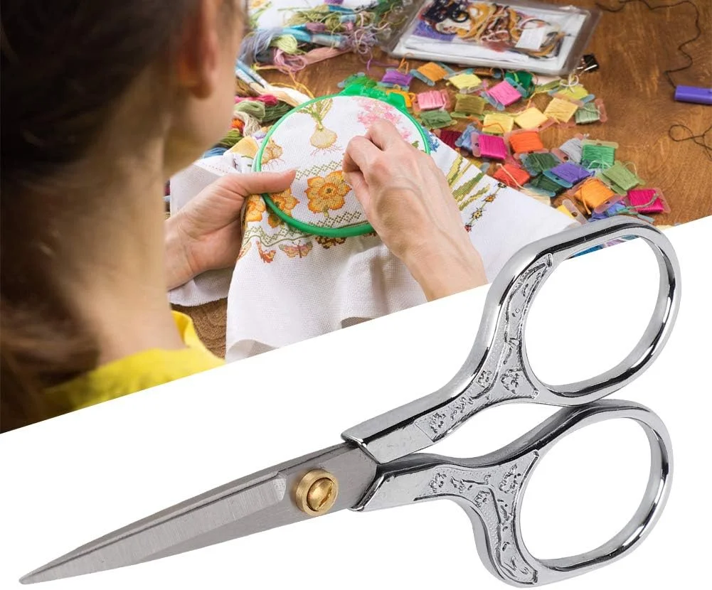قیچی خیاطی وینتیج 4.9 اینچی برای برش بخیه، گلدوزی، خیاطی، کاردستی، هنر، ابزار DIY (نقره ای)