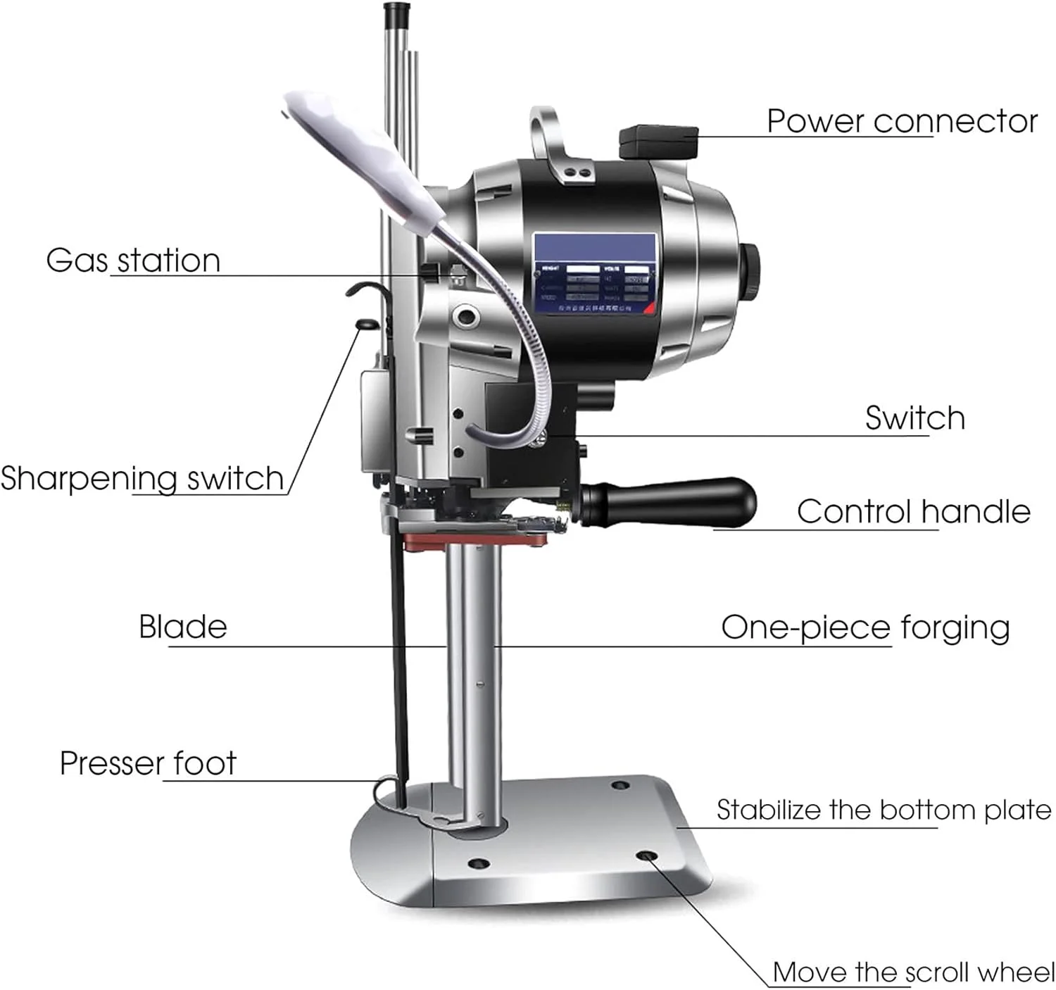 قیچی پارچه برقی عمودی 11000 وات، دستگاه برش پارچه برقی، قیچی برقی حرفه ای، 6، 8، 10، 12، 15 اینچ با تیغه تیز شونده اتوماتیک و چراغ LED، 220 ولت - 15 اینچ