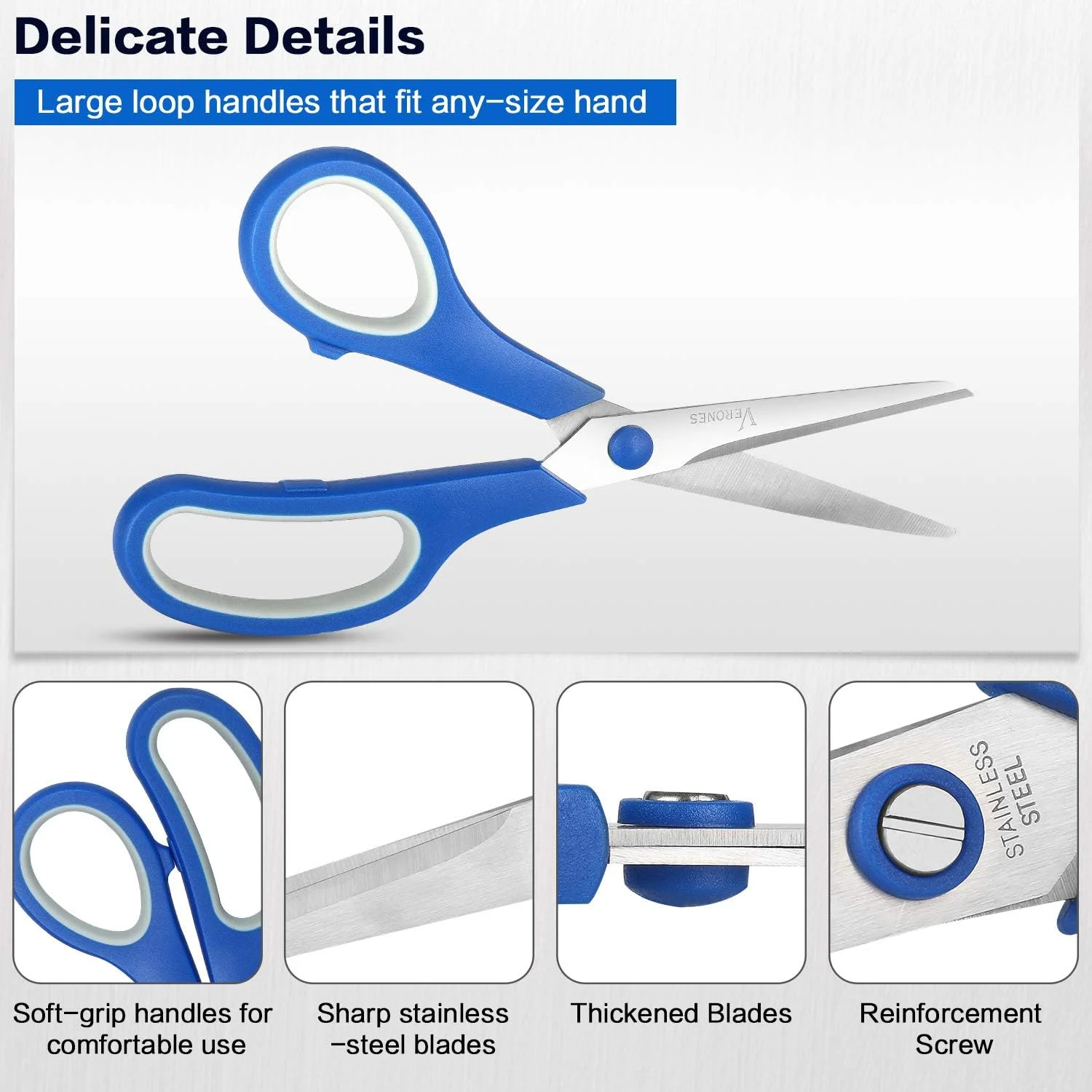 قیچی ورونز، 8 اینچی با دسته های نرم و راحت و تیغه های تیز استیل ضد زنگ، مناسب برای برش کاغذ، پارچه، عکس و موارد دیگر، بسته 15 عددی