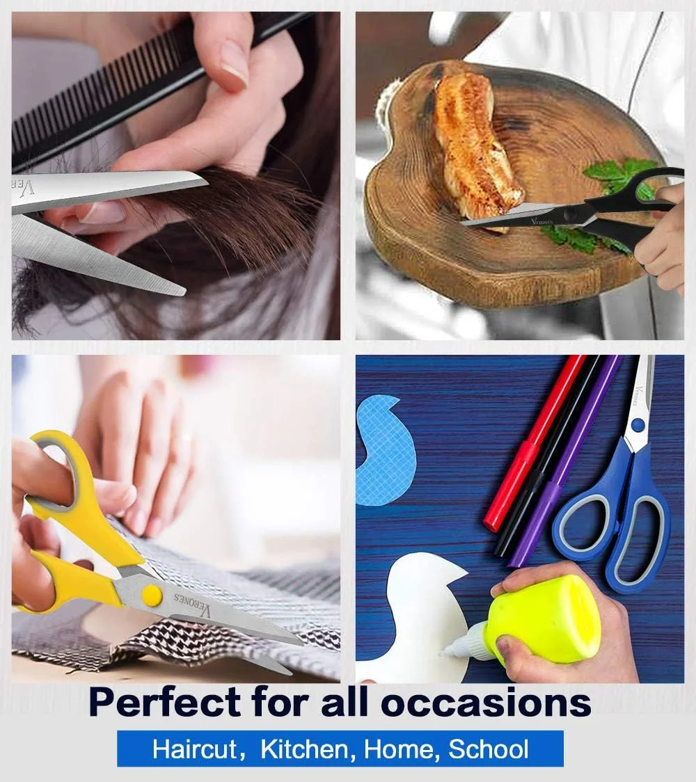قیچی ورونز، 8 اینچی با دسته های نرم و راحت و تیغه های تیز استیل ضد زنگ، مناسب برای برش کاغذ، پارچه، عکس و موارد دیگر، بسته 15 عددی