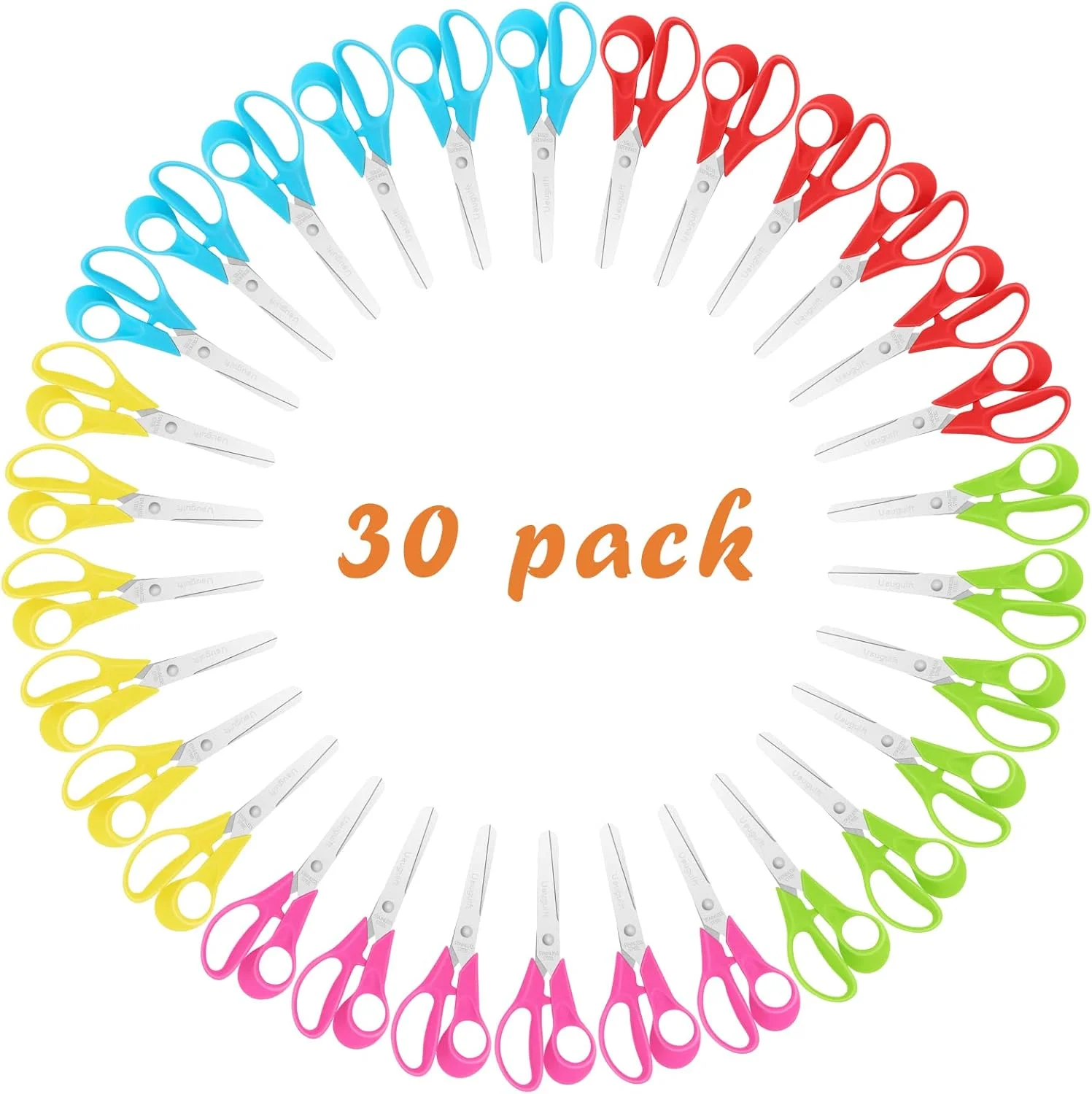 قیچی کودک Uaugulft، قیچی ایمنی کودکان با تیغه های نوک گرد فولادی ضد زنگ و دسته ارگونومیک، عالی برای مدرسه و کلاس های درس، رنگ های متنوع، 5 اینچ، 30 عدد