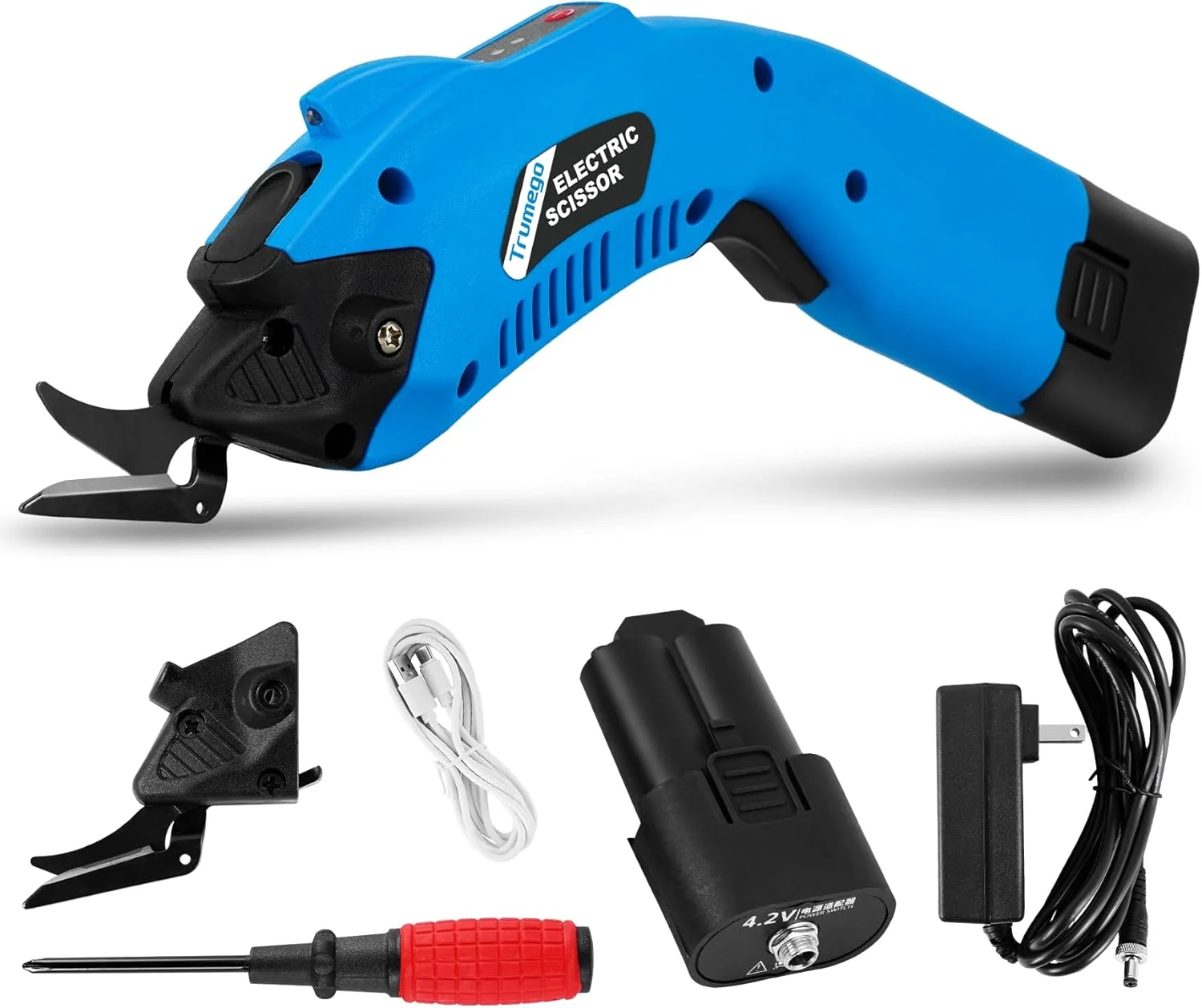 قیچی برقی ترومگو، قیچی جعبه بازکن شارژی و قابل اتصال به برق، قیچی خیاطی برقی برای برش پارچه، مقوا، با 2 تیغه (1 باتری)