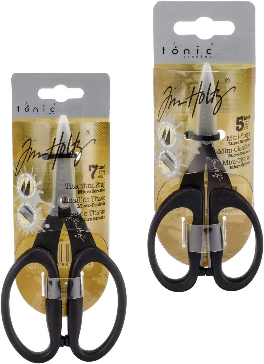 قیچی و اسنیپس Tim Holtz - ست قیچی دندانه دار نچسب Kushgrip - اسنیپس مینی 5 اینچی و قیچی میکرو 7 اینچی - بسته 2 عددی