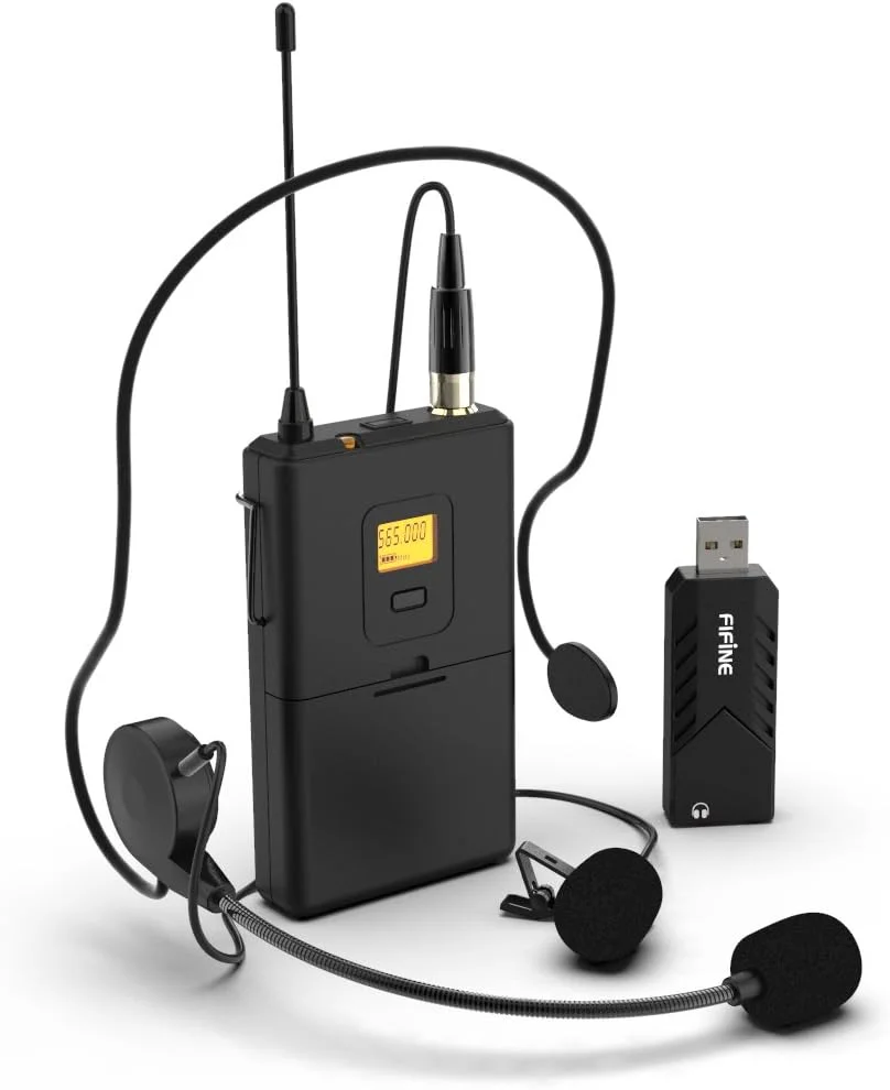 میکروفون های بی سیم FIFINE با گیرنده USB، فرستنده، هدست و میکروفون یقه ای کلیپسی برای کامپیوتر (K031B)