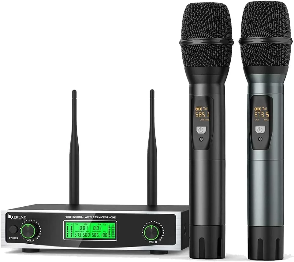 سیستم میکروفون بی سیم FIFINE K040، دو میکروفون دستی داینامیک بی سیم و گیرنده دو کاناله، 50 فرکانس UHF قابل انتخاب برای کارائوکه، مهمانی، دی جی، عروسی، ارائه مدرسه