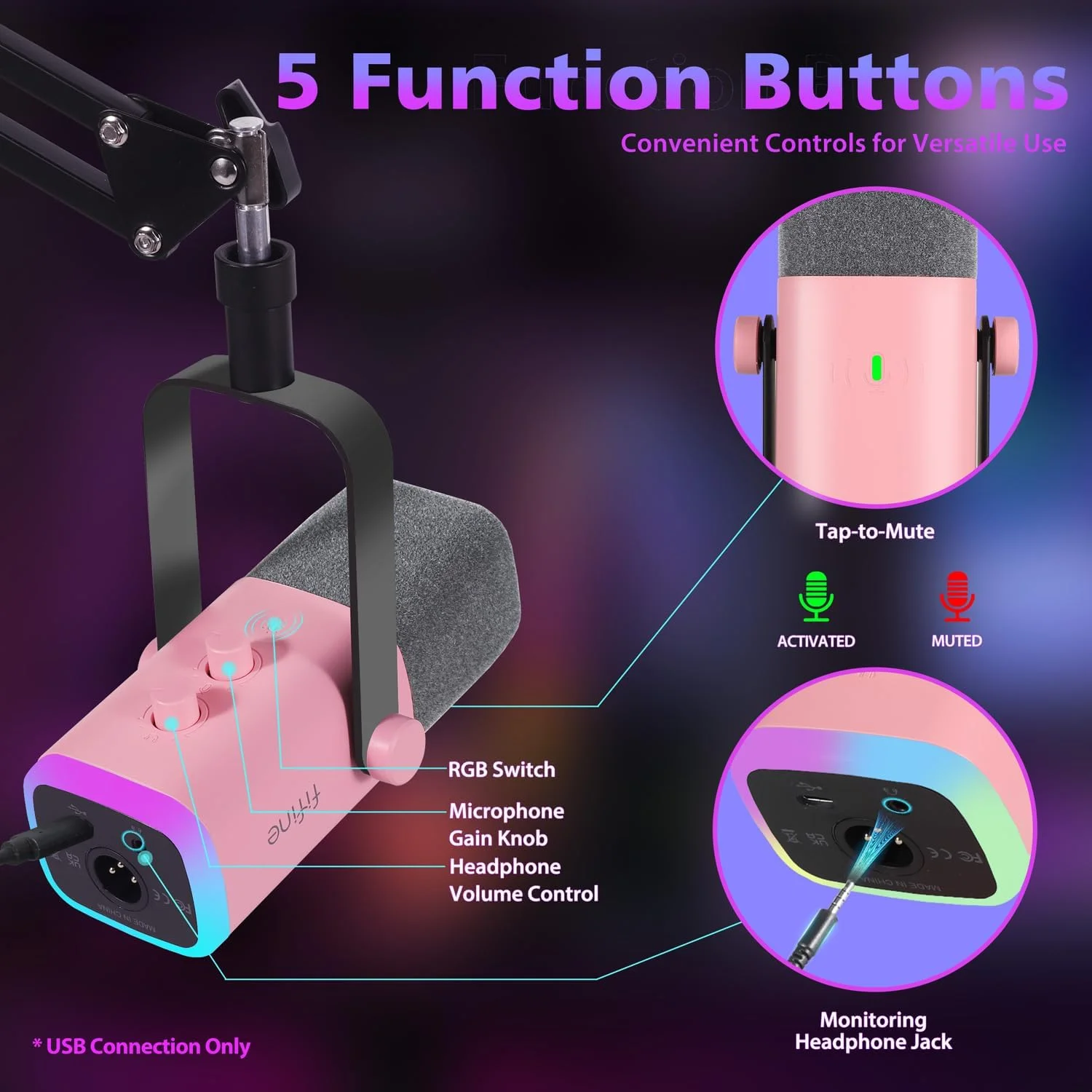 میکروفون استریمینگ XLR FIFINE با بازو برای استودیوی پادکست، میکروفون دینامیک USB گیمینگ PC با دکمه قطع صدا، برای کارت صداهای میکسر PS4/5 Mac - رز