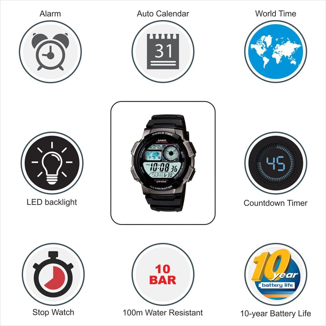 ساعت مچی مردانه کاسیو - بند رزین دیجیتال - AE1000W-1B ساعت مچی مردانه کاسیو - بند رزین دیجیتال - AE1000W-1B