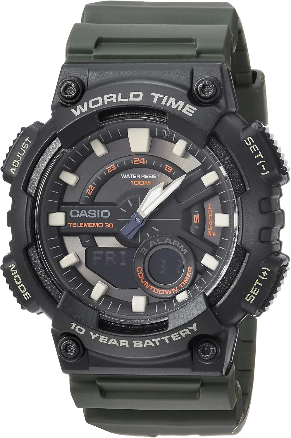 ساعت مچی مردانه کاسیو مدل Telememo Quartz با بند رزینی، سبز، 24 (مدل: AEQ-110W-3AVCF)