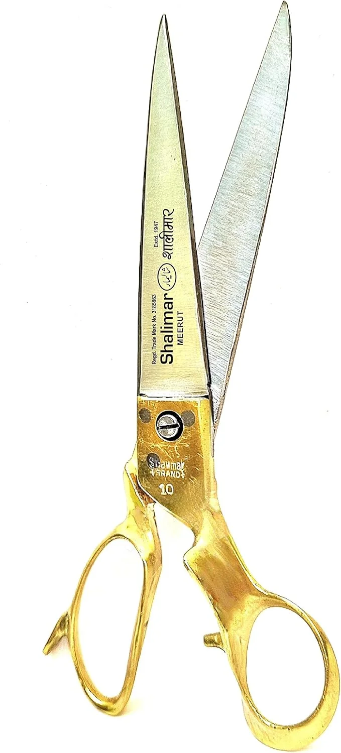 قیچی خیاطی 10 اینچی برند شالیمار، دسته برنجی کانادار، مناسب برش پارچه و چرم، صنعتی و بزرگ، مخصوص کار خیاطی حرفه ای (ساخت دست در هند) مناسب دست راست