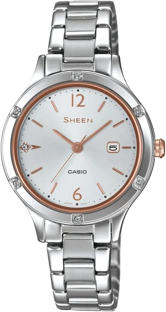 ساعت مچی عقربه‌ای زنانه کاسیو مدل SHE-4533D-7AUER با بند استیل ضد زنگ، نقره‌ای/نقره‌ای