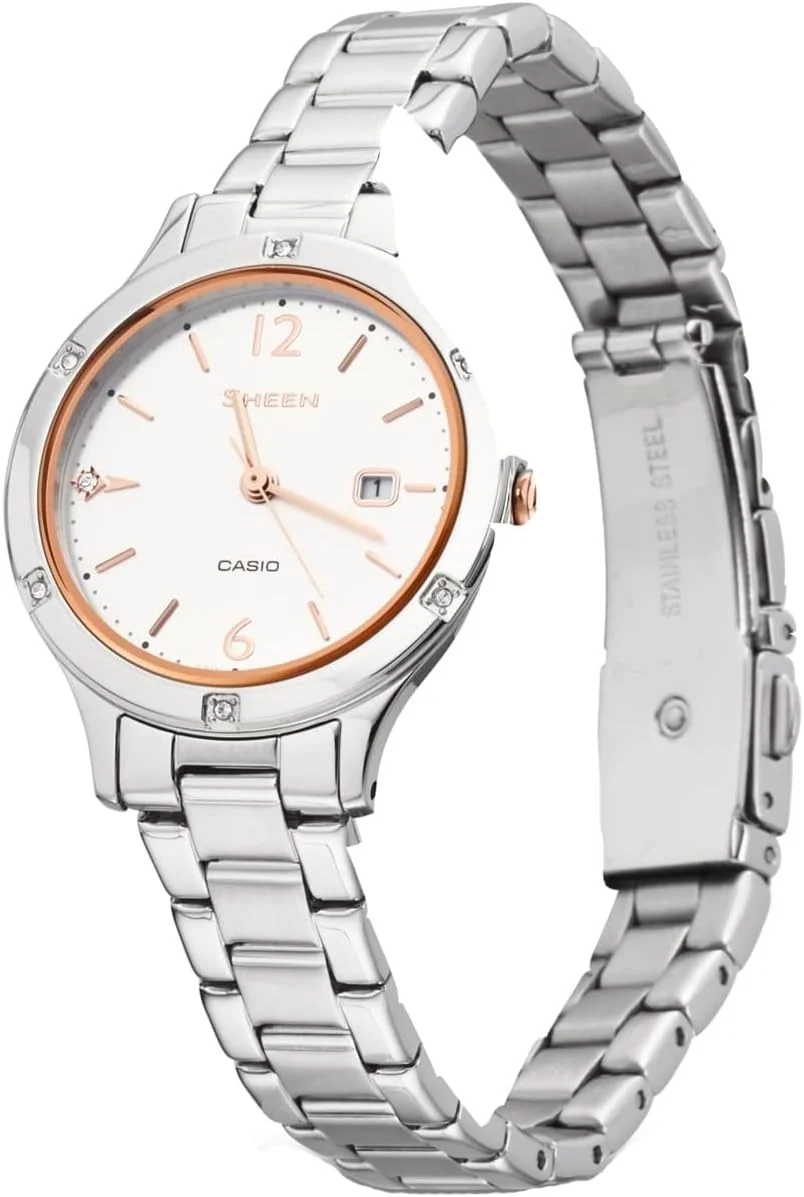 ساعت مچی عقربه‌ای زنانه کاسیو مدل SHE-4533D-7AUER با بند استیل ضد زنگ، نقره‌ای/نقره‌ای