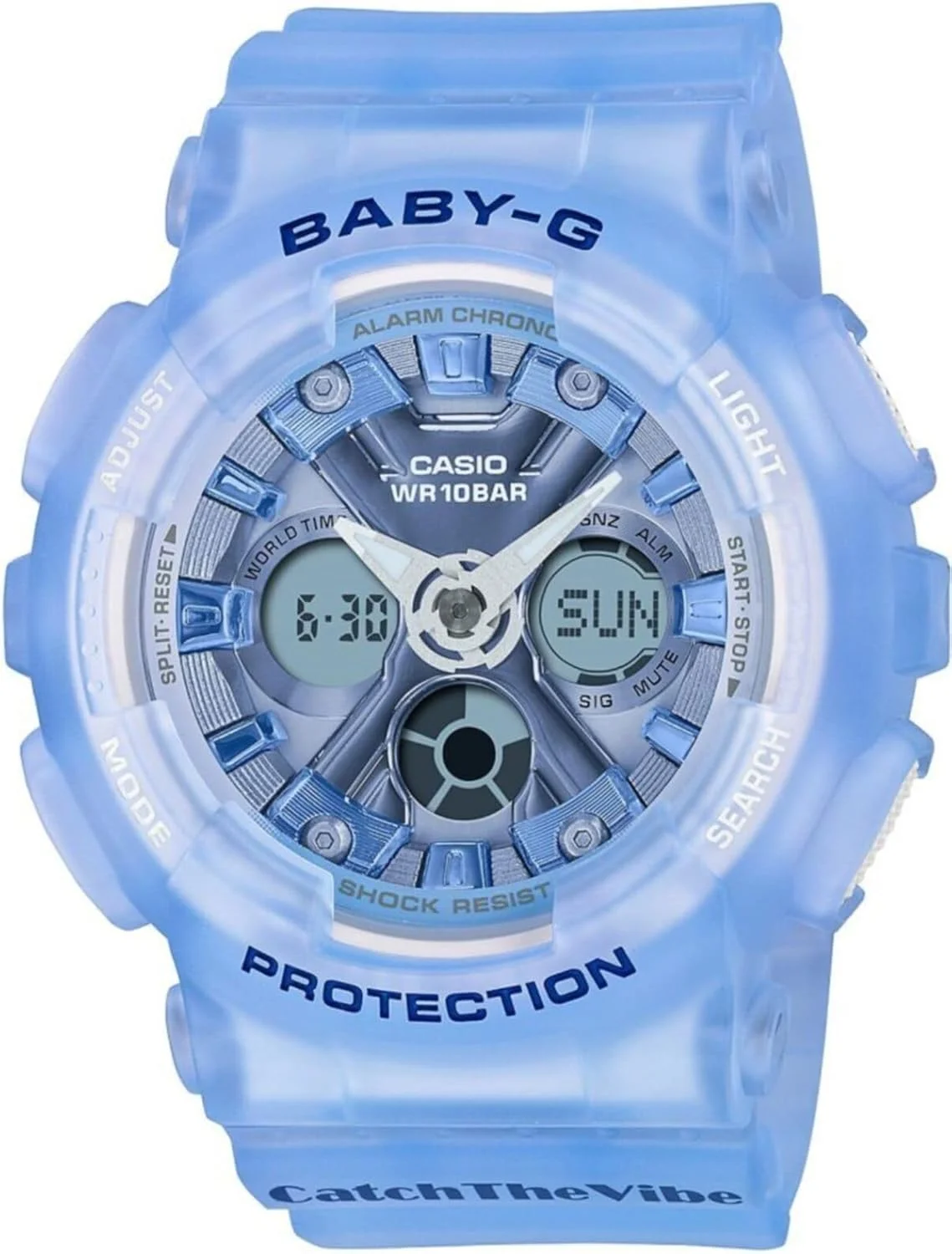 ساعت مچی زنانه کاسیو بیبی-جی مدل Catch The Vibe با صفحه آبی آنالوگ-دیجیتال و بند رزین شفاف - BA-130CV-2ADR