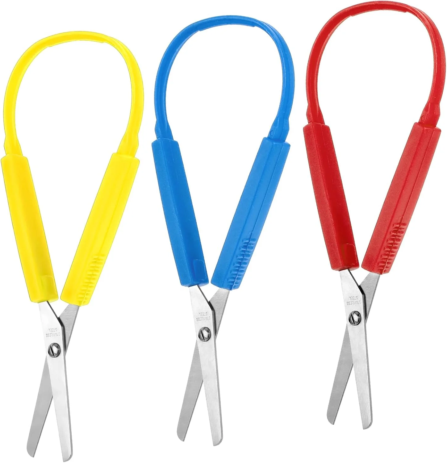 قیچی های حلقه ای 3 عددی، قیچی های تطبیقی برای کودکان نوپا 5.5 اینچی، قیچی های آموزشی رنگارنگ برای کودکان، کودکان با نیازهای ویژه، بازگشت به مدرسه (زرد، قرمز، آبی)