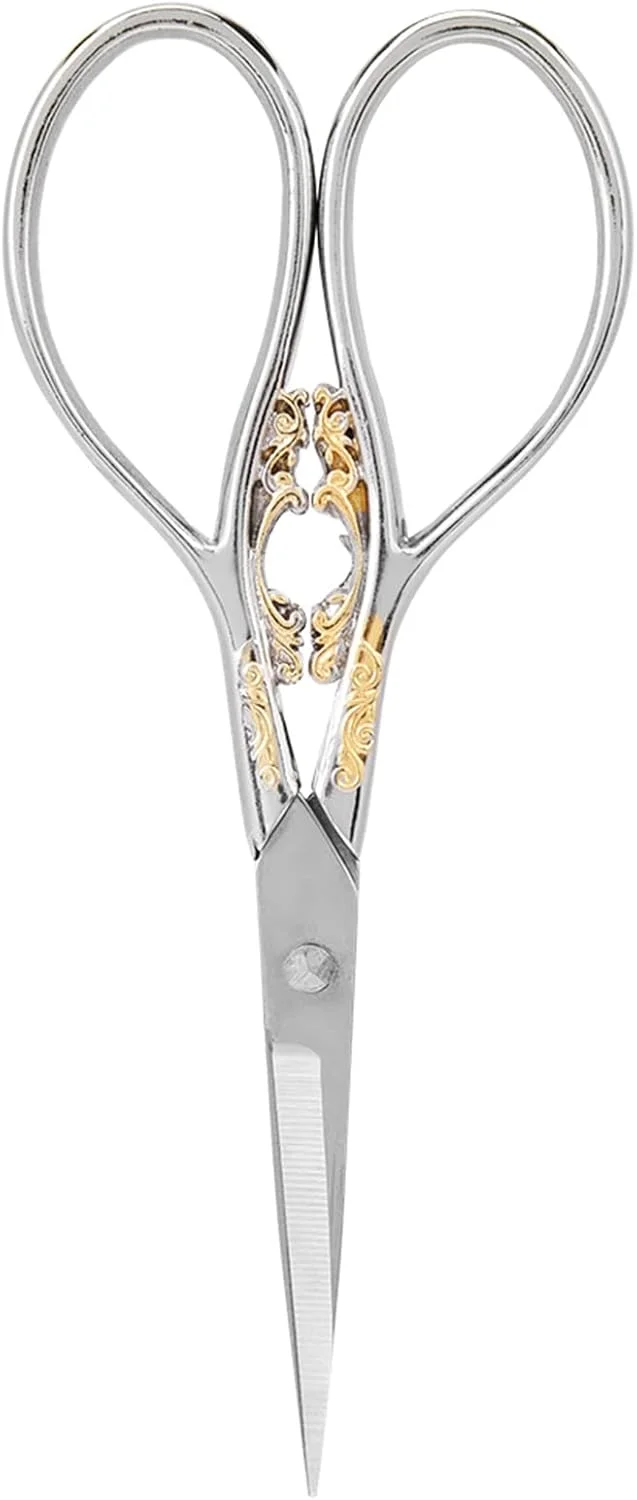 قیچی خیاطی پارچه، قیچی استیل ضد زنگ به سبک عتیقه، قیچی سنگین برای برش پارچه، قیچی خیاطی فوق العاده تیز، قیچی گلدوزی (گل نقره ای طلایی)