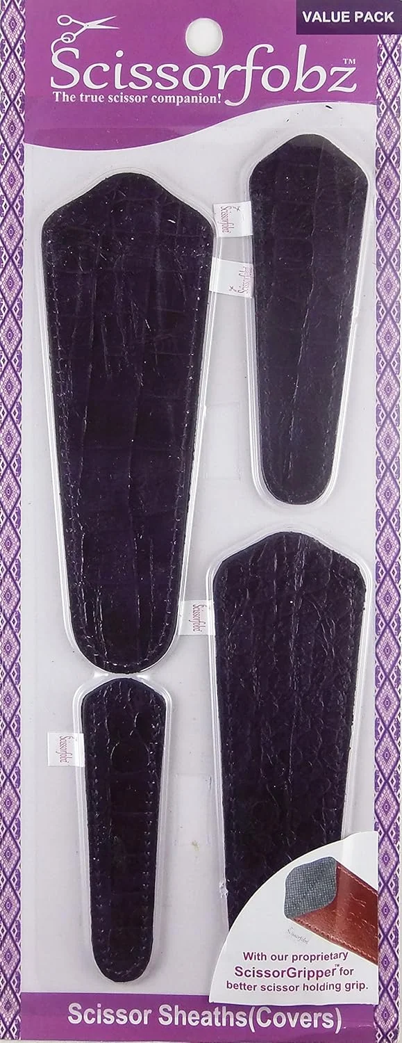 غلاف قیچی SCISSORFOBZ با ScissorGripper - بسته اقتصادی - 4 سایز - روکش و نگهدارنده قیچی طراح دار برای گلدوزی، خیاطی، تکه دوزی - هدیه ای برای خیاطان و تکه دوزان - بافت مشکی عتیقه.S-89