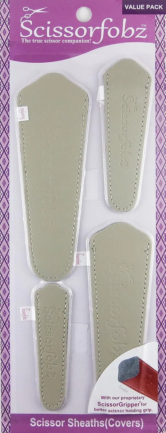 غلاف قیچی SCISSORFOBZ با ScissorGripper - بسته اقتصادی - 4 سایز - روکش و نگهدارنده قیچی طراح دار برای گلدوزی، خیاطی، تکه دوزی - هدیه ای برای خیاطان و تکه دوزان - خاکی روشن.S-77