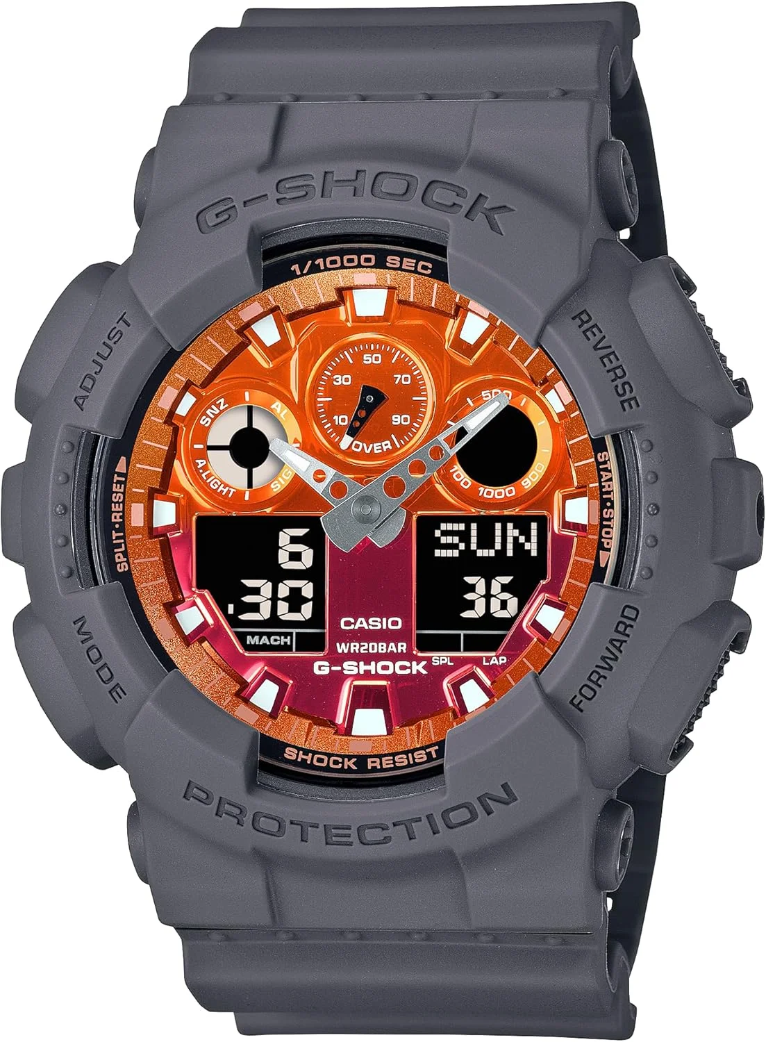 ساعت مچی کاسیو جی شاک مدل Flames of Color GA100FL-8A، رزین خاکستری با صفحه نارنجی