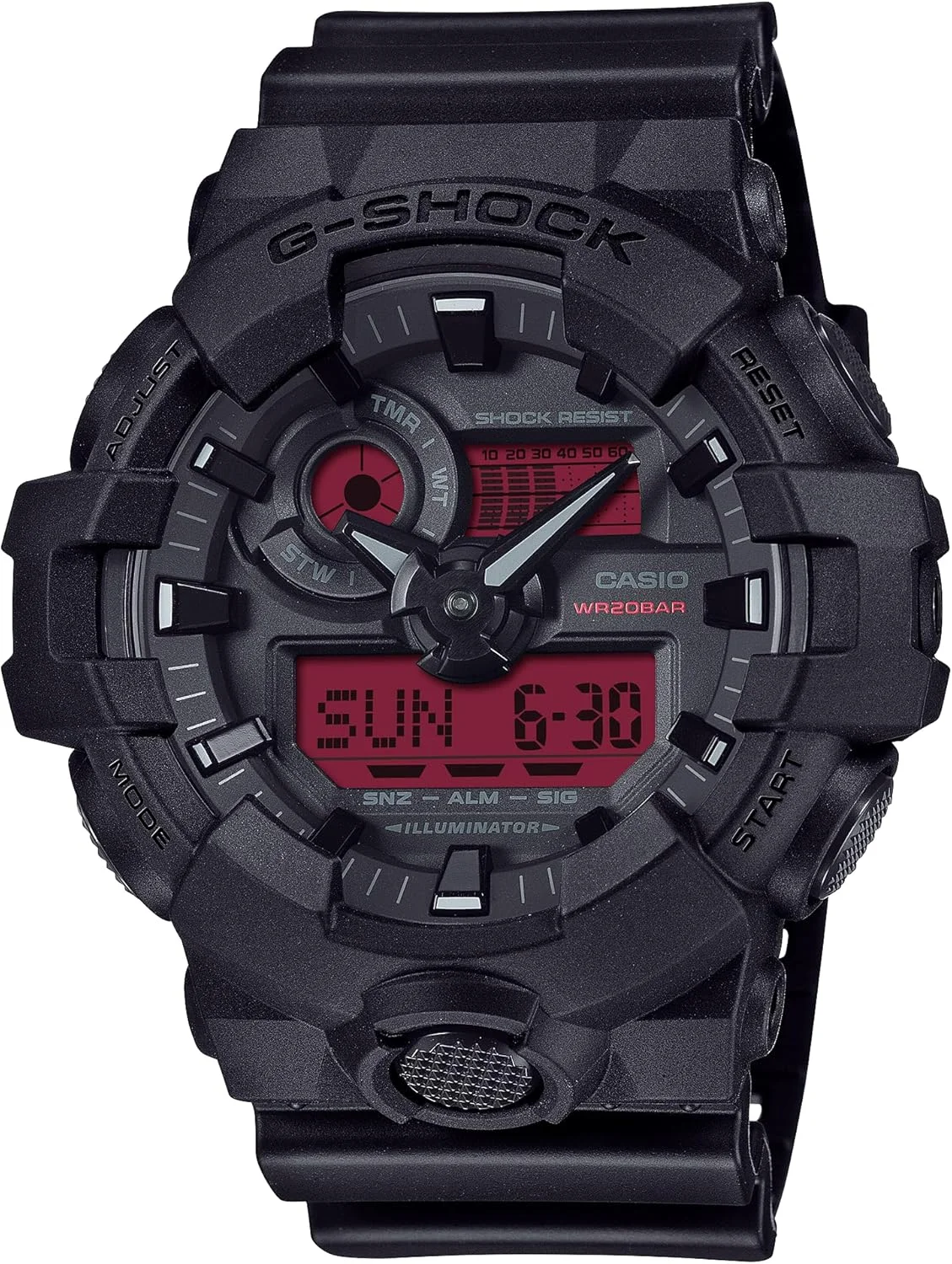 ساعت مچی مردانه کاسیو جی شاک مدل GA-700BBR-1A با بدنه رزین مشکی و صفحه آنالوگ-دیجیتال قرمز