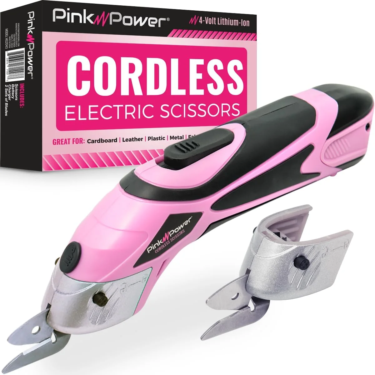 قیچی برقی پارچه صورتی Pink Power، جعبه برش برای صنایع دستی، خیاطی، مقوا، فرش و اسکرپ بوک - ابزار برش قیچی حرفه ای سنگین - قیچی برقی بی سیم اتوماتیک برش پارچه