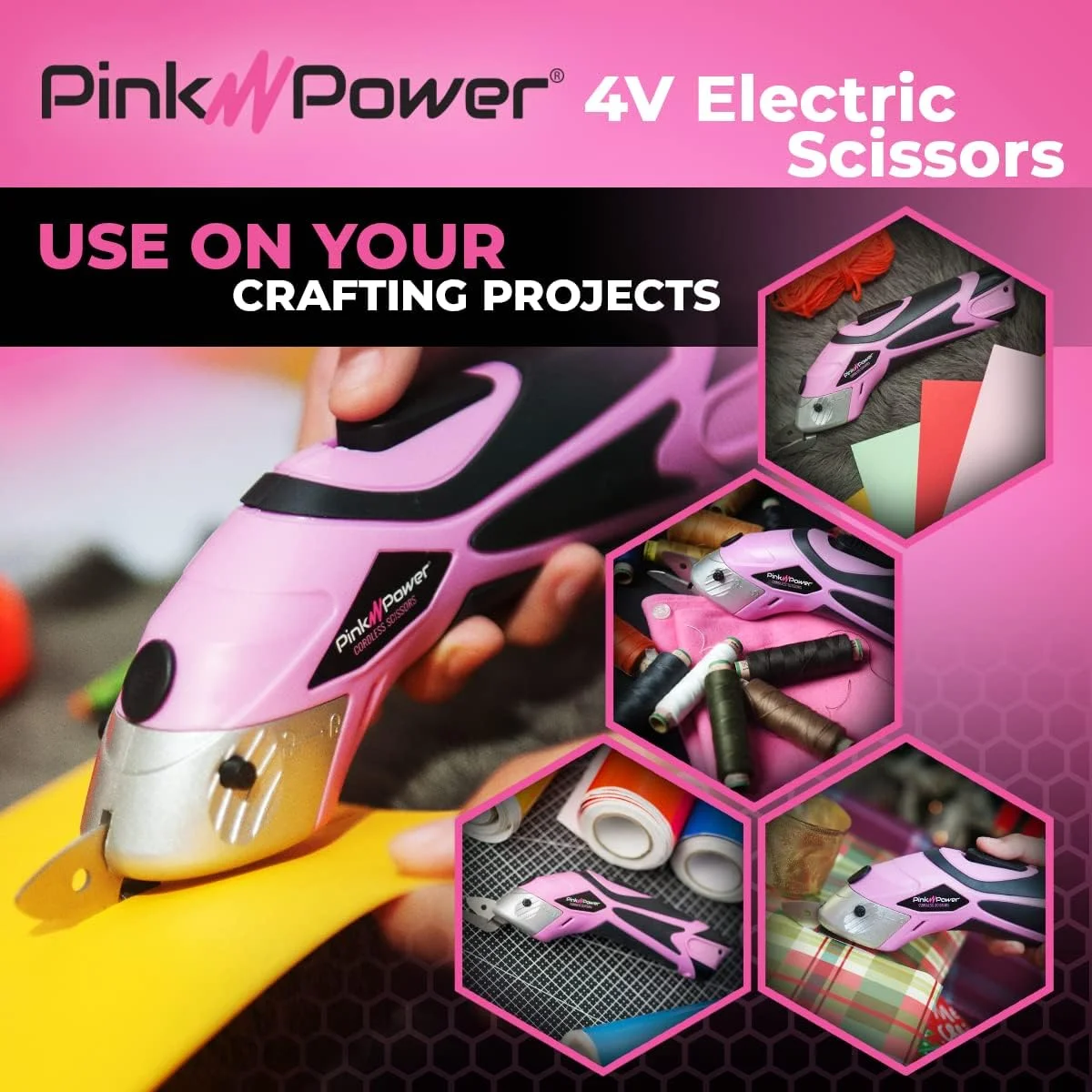 قیچی برقی پارچه صورتی Pink Power، جعبه برش برای صنایع دستی، خیاطی، مقوا، فرش و اسکرپ بوک - ابزار برش قیچی حرفه ای سنگین - قیچی برقی بی سیم اتوماتیک برش پارچه