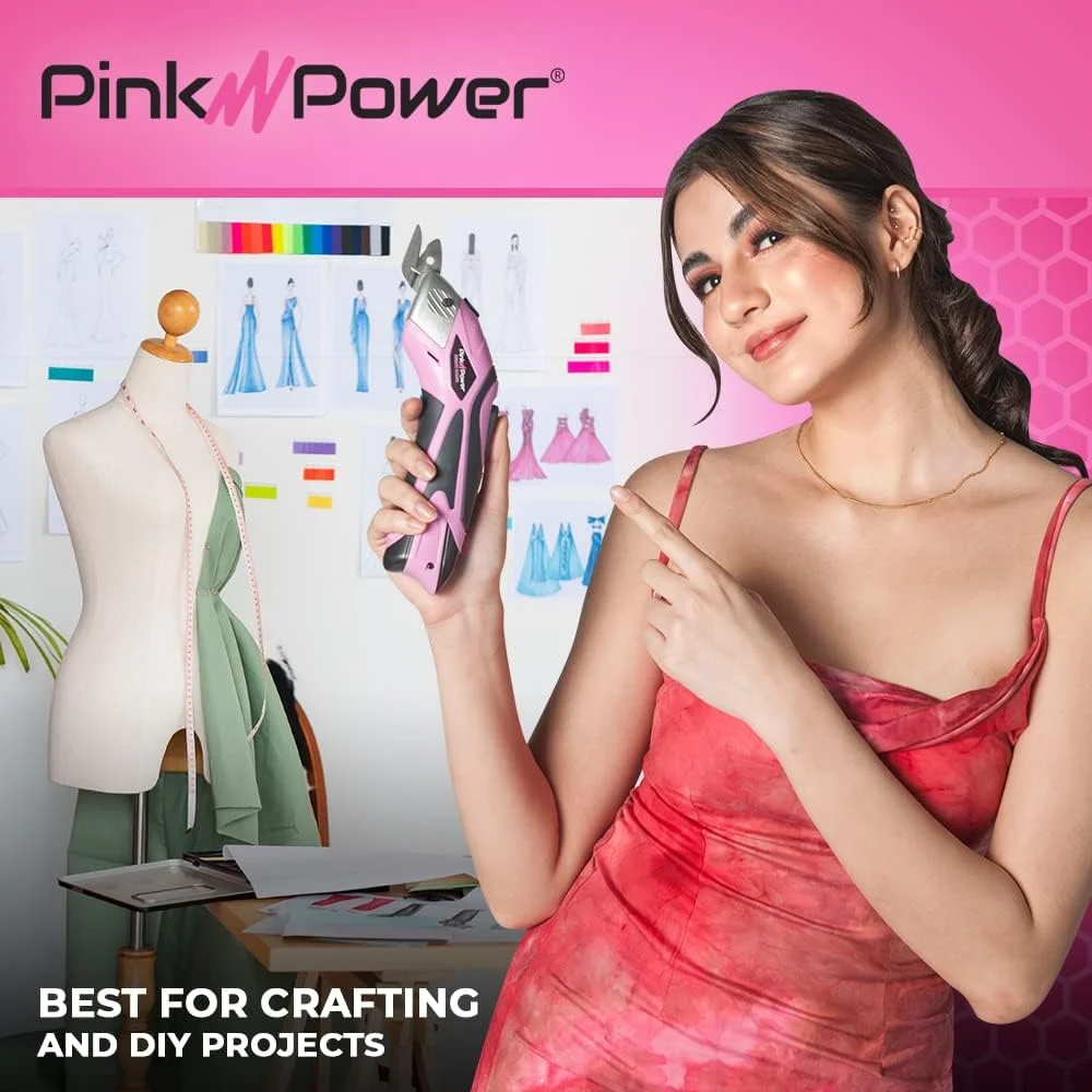 قیچی برقی پارچه صورتی Pink Power، جعبه برش برای صنایع دستی، خیاطی، مقوا، فرش و اسکرپ بوک - ابزار برش قیچی حرفه ای سنگین - قیچی برقی بی سیم اتوماتیک برش پارچه