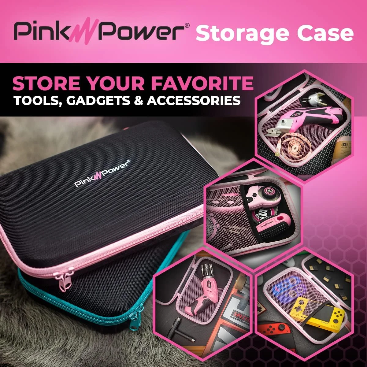 کیف نگهداری ابزار صورتی Pink Power برای قیچی برقی شارژی، کاتر جعبه، پیچ گوشتی شارژی - کیف نگهداری لوازم خیاطی و کاردستی - مناسب برای مدل های HG2043 HG1214 PP481 PP481-LK