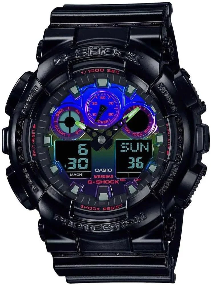 ساعت مچی مردانه کاسیو آنالوگ GA-100RGB-1AER، مشکی/سفید، طرح‌دار