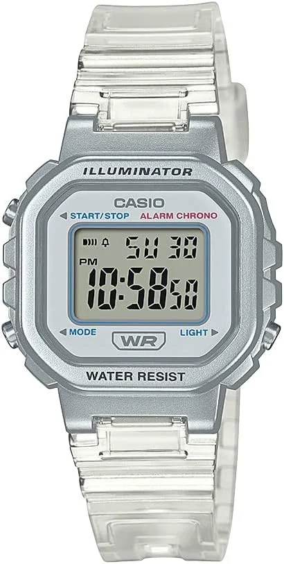 ساعت دیجیتال زنانه کاسیو سری LA20WH | مقاوم در برابر آب | دارای چراغ LED | تقویم خودکار | نمایش تاریخ | کرنومتر 1/100 ثانیه | نمایش زمان معمولی (ساعت، دقیقه، ثانیه، PM، تاریخ، روز) | عمر باتری 5 ساله