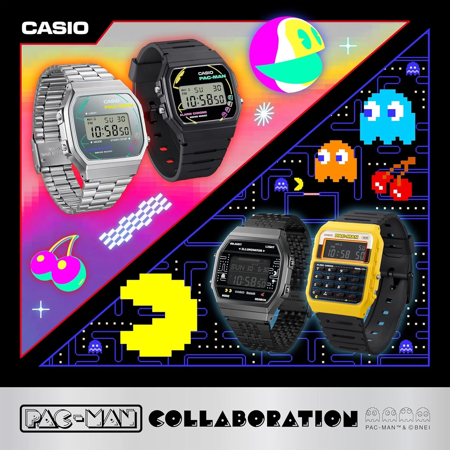 ساعت مچی مردانه کاسیو کلاسیک F-91WPC-1AJR، مدل همکاری PAC-MAN، پلاستیک زیست توده، مشکی