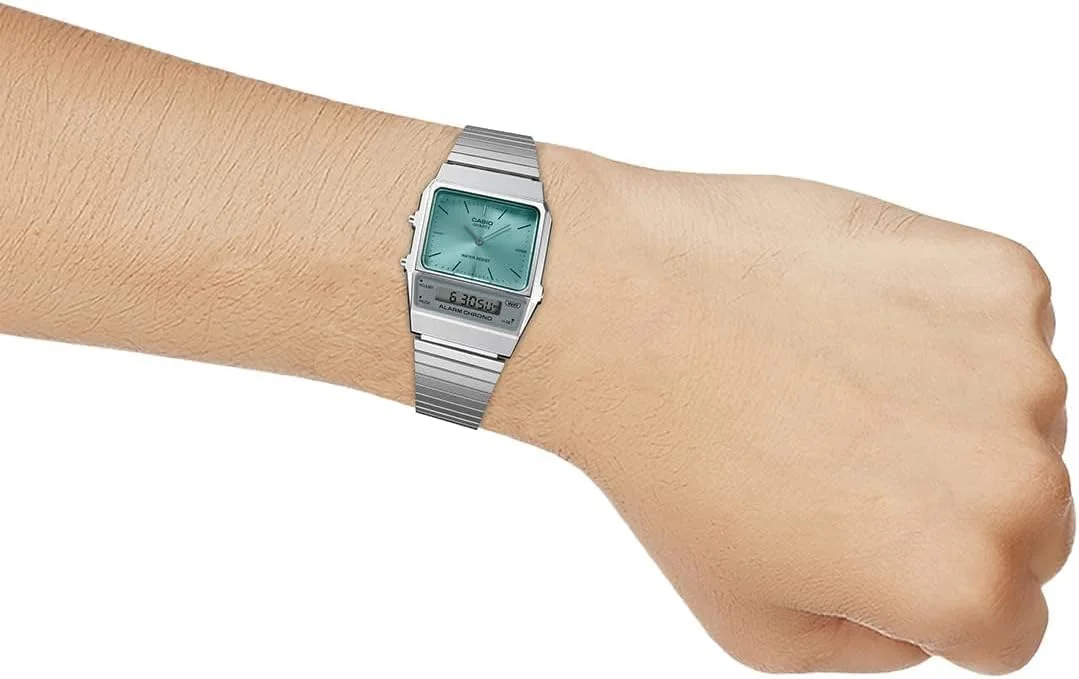 ساعت مچی کاسیو مدل Vintage IP Grey Dual Time Steel Flat Link AQ-800EC-2ADF، بند فلزی