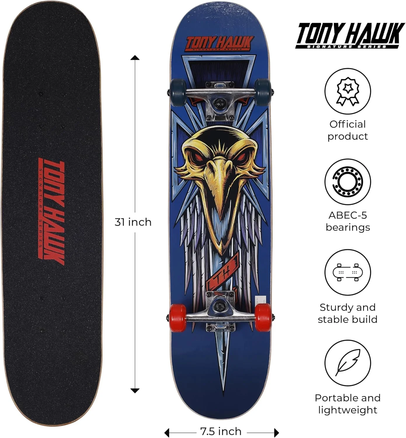اسکیت برد 31 اینچی VOYAGER Tony Hawk، سری امضای تونی هاوک 2، اسکیت برد عرشه افرا 9 لایه برای کروزینگ، کاروینگ، ترفندها و سراشیبی، خنجر/صلیب/جمجمه