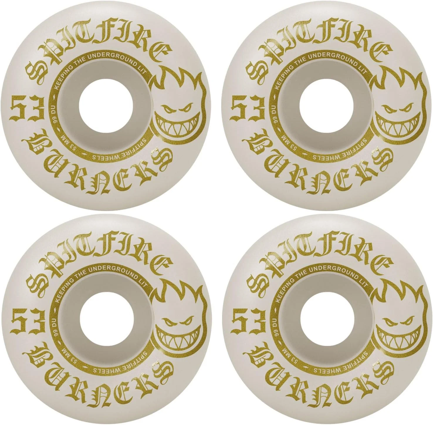 چرخ اسکیت برد اسپیت فایر مدل Burners سایز 53mm درجه سختی 99A رنگ سفید/طلایی