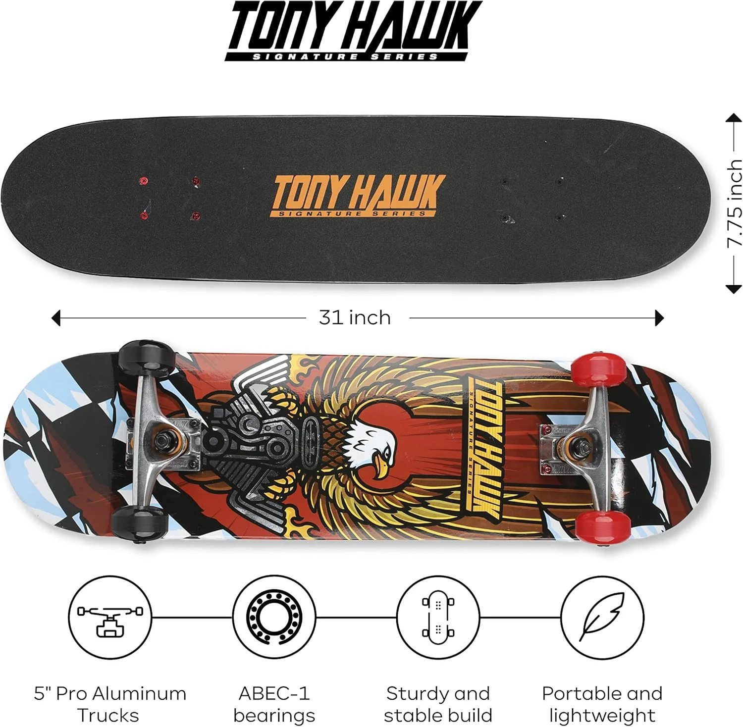 اسکیت برد 31 اینچی TONY HAWK مدل VOYAGER، سری امضای TONY HAWK 3، گرافیک متالیک و تخته اسکیت 9 لایه از جنس افرا برای کروزینگ، کاروینگ، ترفندها و سراشیبی، موتور Hawk (ABO31S3TH-HEN-STK-1)