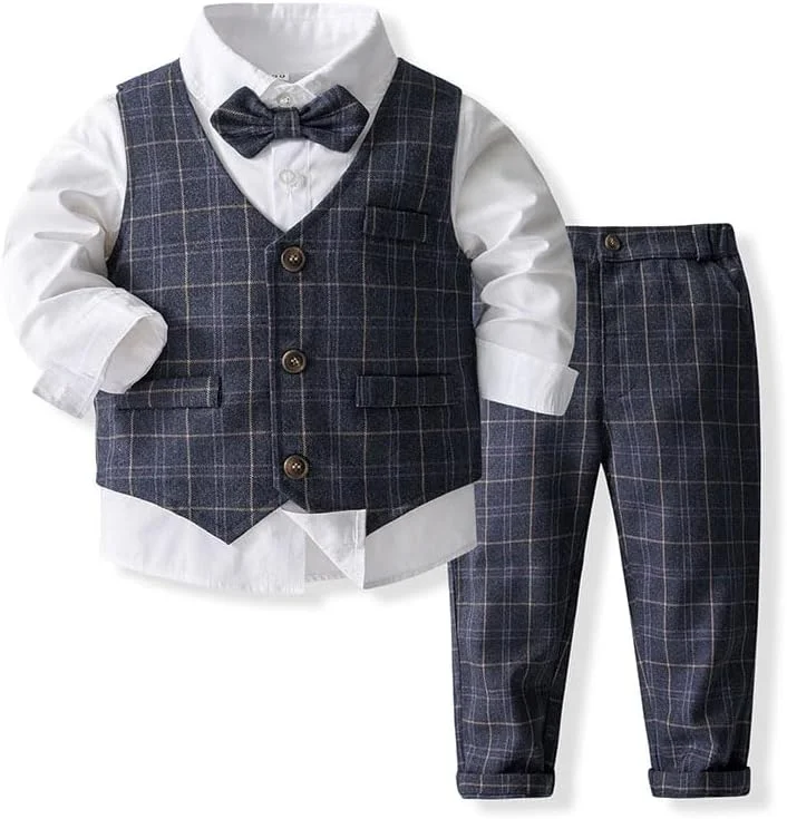 ست 4 تکه جنتلمن پسرانه Abolai شامل پیراهن، پاپیون، جلیقه و شلوار طرح دار