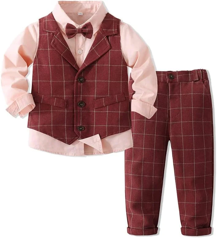 ست لباس رسمی تاکسیدو 4 تکه Abolai برای نوزاد و کودک نوپا با پیراهن صورتی، پاپیون، جلیقه و شلوار چهارخانه