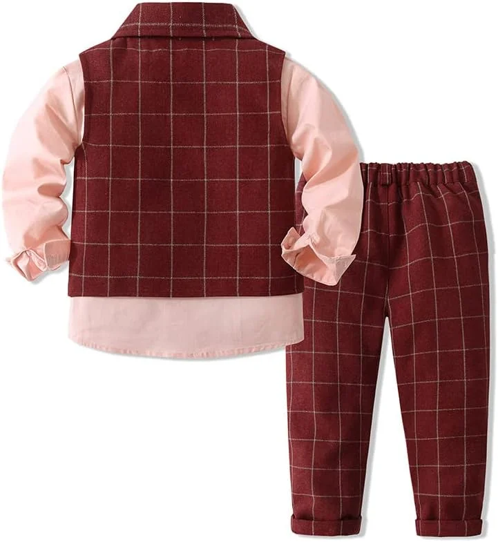 ست لباس رسمی تاکسیدو 4 تکه Abolai برای نوزاد و کودک نوپا با پیراهن صورتی، پاپیون، جلیقه و شلوار چهارخانه