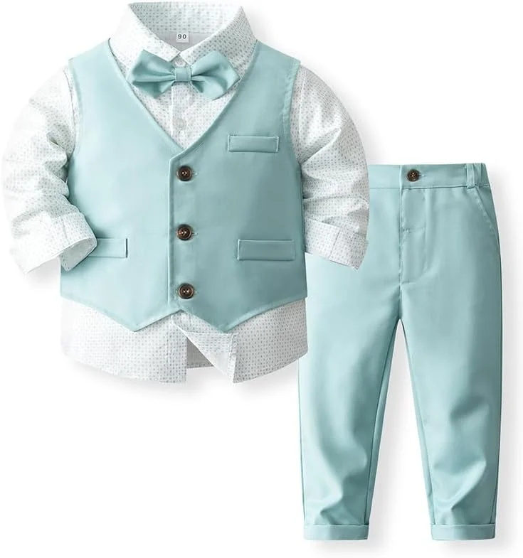 ست 4 تکه جنتلمن پسرانه Abolai شامل پیراهن سفید، پاپیون، جلیقه و شلوار