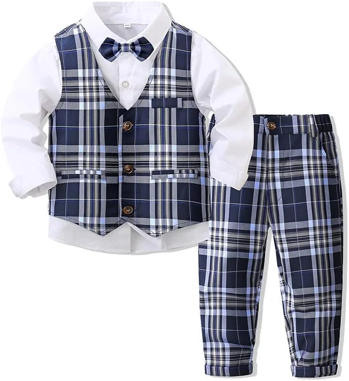 ست 4 تکه جنتلمن پسرانه Abolai شامل پیراهن سفید، پاپیون، جلیقه چهارخانه و شلوار چهارخانه