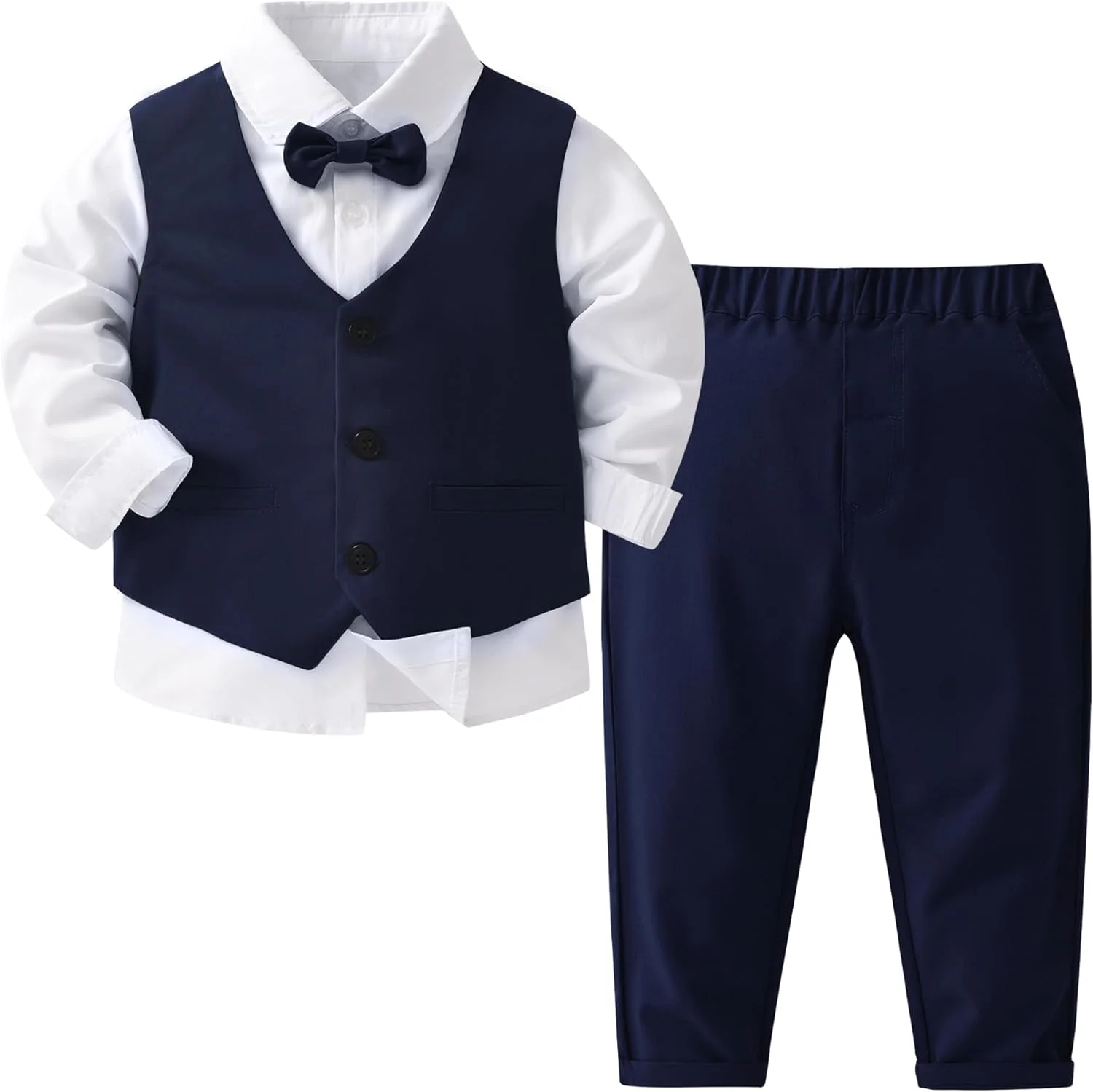 ست کت و شلوار جنتلمن نوزاد پسرانه 4 تکه، لباس رسمی عروسی بچه گانه، پیراهن آستین بلند با پاپیون + جلیقه و شلوار ست کت و شلوار جنتلمن نوزاد پسرانه 4 تکه، لباس رسمی عروسی بچه گانه، پیراهن آستین بلند با پاپیون + جلیقه و شلوار