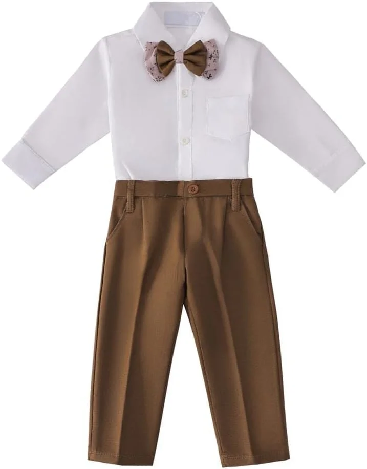 ست لباس کودک L ito Angels، شامل پیراهن، جلیقه و کلاه، مناسب مراسم عروسی و مهمانی، سایز 3 تا 18 ماه، کت و شلوار با شلوار قهوه ای، 6-9 ماه