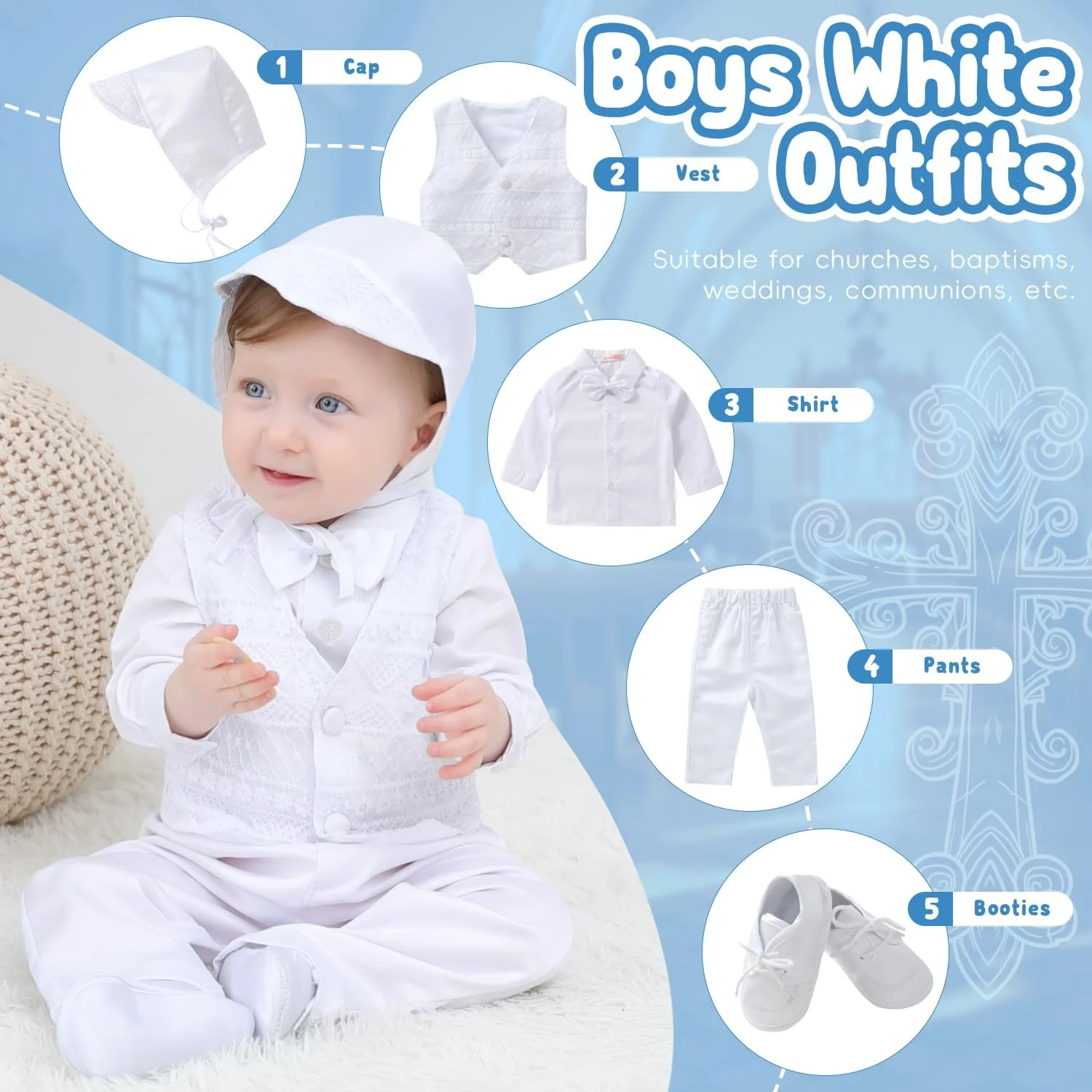 ست لباس غسل تعمید پسرانه Booulfi، لباس غسل تعمید نوزاد، کت و شلوار غسل تعمید پسرانه، ست لباس پسرانه 0-5 سال (سفید-1045، 12-18 ماه)
