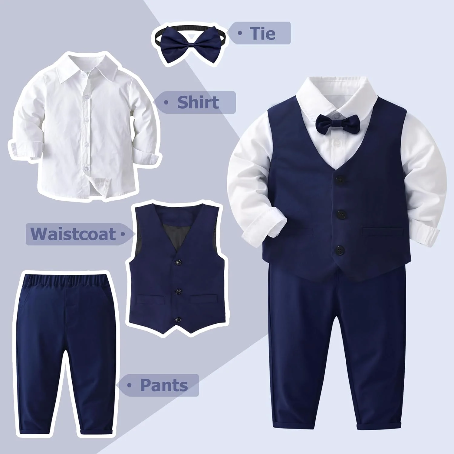 ست کت و شلوار جنتلمن نوزاد پسرانه 4 تکه، لباس رسمی عروسی بچه گانه، پیراهن آستین بلند با پاپیون + جلیقه و شلوار ست کت و شلوار جنتلمن نوزاد پسرانه 4 تکه، لباس رسمی عروسی بچه گانه، پیراهن آستین بلند با پاپیون + جلیقه و شلوار