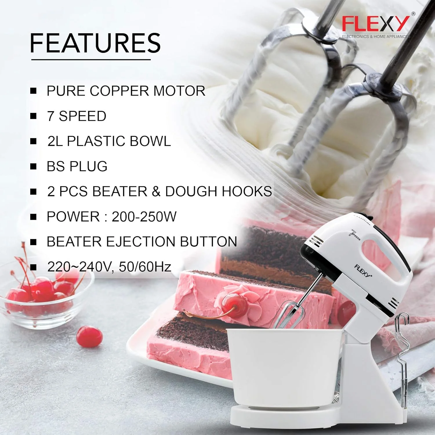 همزن دستی 7 سرعته FLEXY® Turbo، 250 وات - کاسه 2 لیتری، 2 همزن و 2 قلاب خمیر، حرکت سیاره ای، اتصالات استیل ضد زنگ، طراحی جمع و جور، 1 سال گارانتی