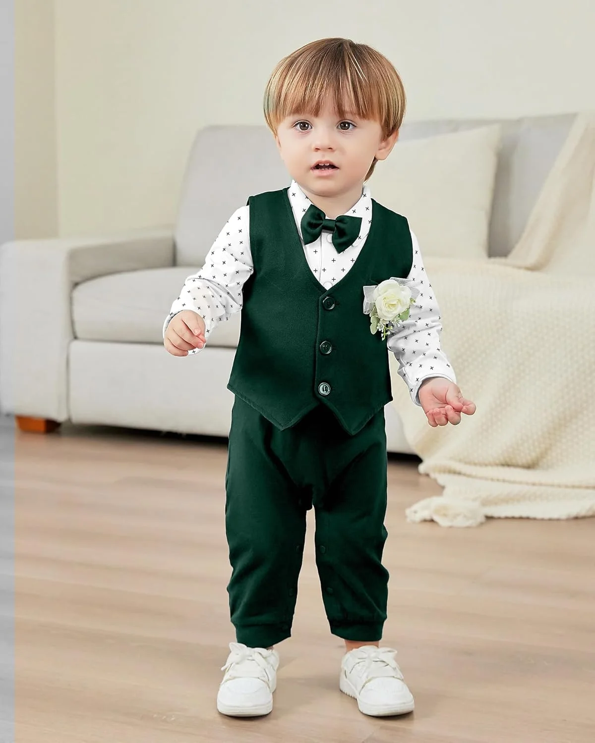 لباس پسرانه نوزادی mikiumkee، ست جنتلمن شامل رامپر آستین بلند + جلیقه + پاپیون + گل سینه، 4 تکه لباس رسمی پسرانه