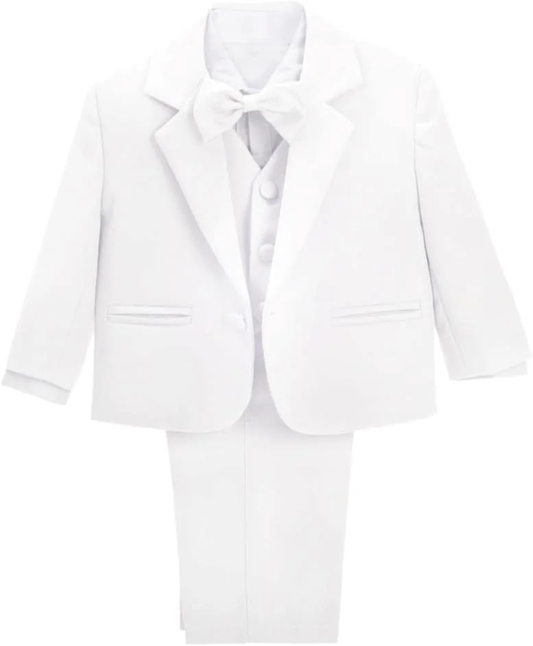 Dressy Daisy ست 5 تکه تاکسیدو رسمی پسرانه نوزادی و نوپا بدون دم، مناسب عروسی، غسل تعمید، سفید، 5 سال