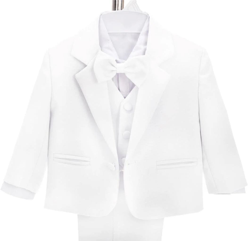 Dressy Daisy ست 5 تکه تاکسیدو رسمی پسرانه نوزادی و نوپا بدون دم، مناسب عروسی، غسل تعمید، سفید، 5 سال Dressy Daisy ست 5 تکه تاکسیدو رسمی پسرانه نوزادی و نوپا بدون دم، مناسب عروسی، غسل تعمید، سفید، 5 سال