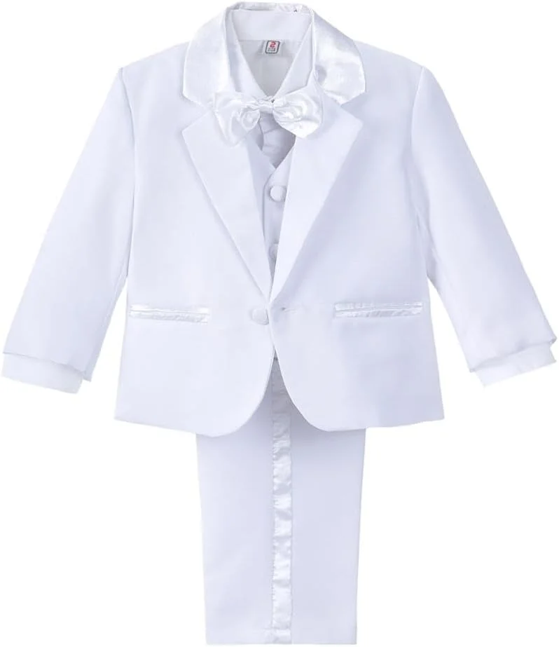 Dressy Daisy ست 5 تکه لباس رسمی تاکسیدو پسرانه نوزادی و نوپا بدون دم، مناسب عروسی، غسل تعمید، سفید (ساتن)، 5 سال