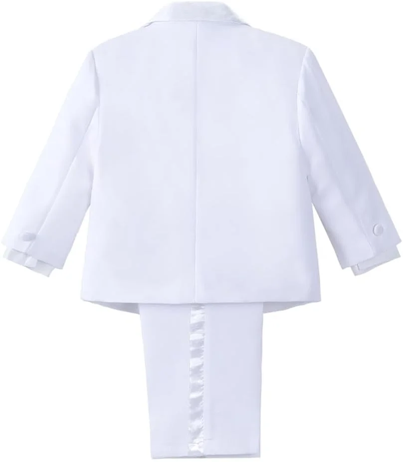 Dressy Daisy ست 5 تکه لباس رسمی تاکسیدو پسرانه نوزادی و نوپا بدون دم، مناسب عروسی، غسل تعمید، سفید (ساتن)، 5 سال Dressy Daisy ست 5 تکه لباس رسمی تاکسیدو پسرانه نوزادی و نوپا بدون دم، مناسب عروسی، غسل تعمید، سفید (ساتن)، 5 سال